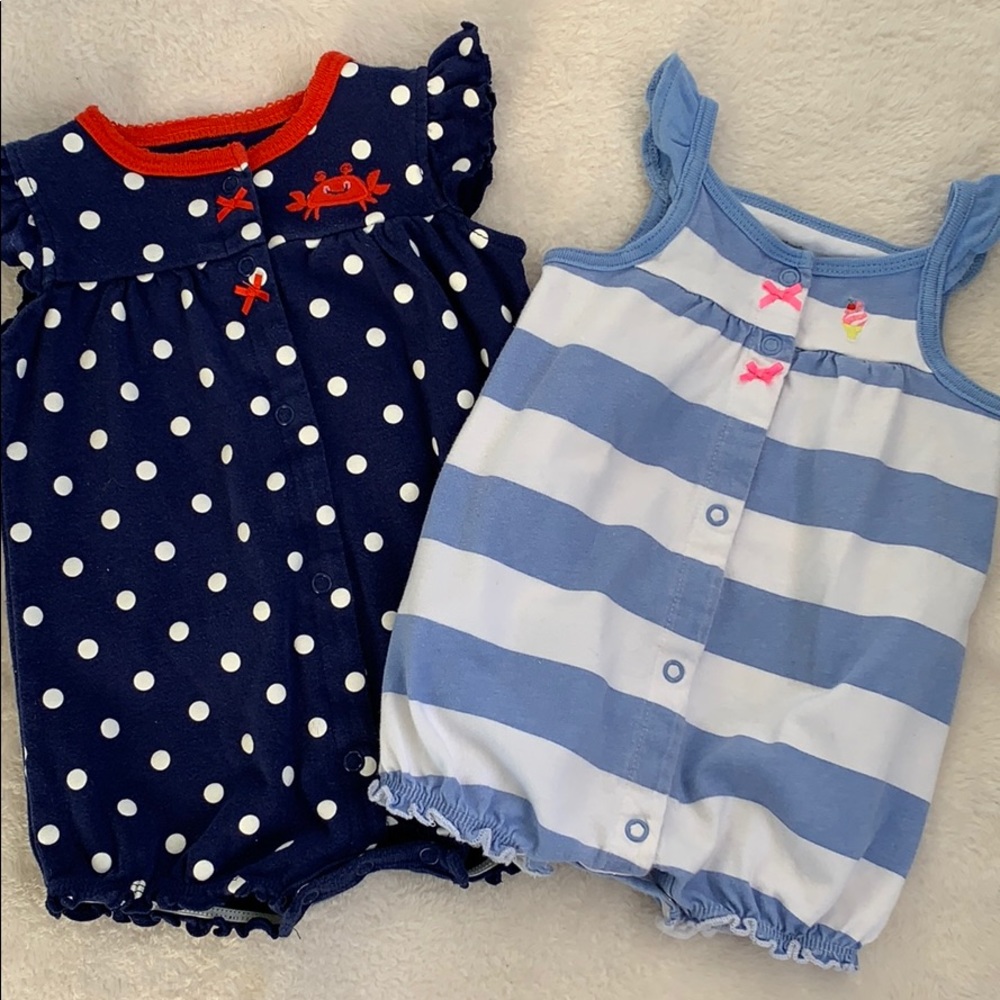Carter’s Bundle of 2 baby girl Onesies Blue Crab & Stripes